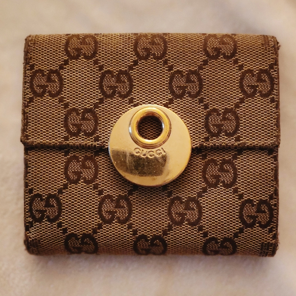 GUCCI Eclipse GG Beige Canvas Compact Wallet PINK Interior Very Good Cond! CLEAN